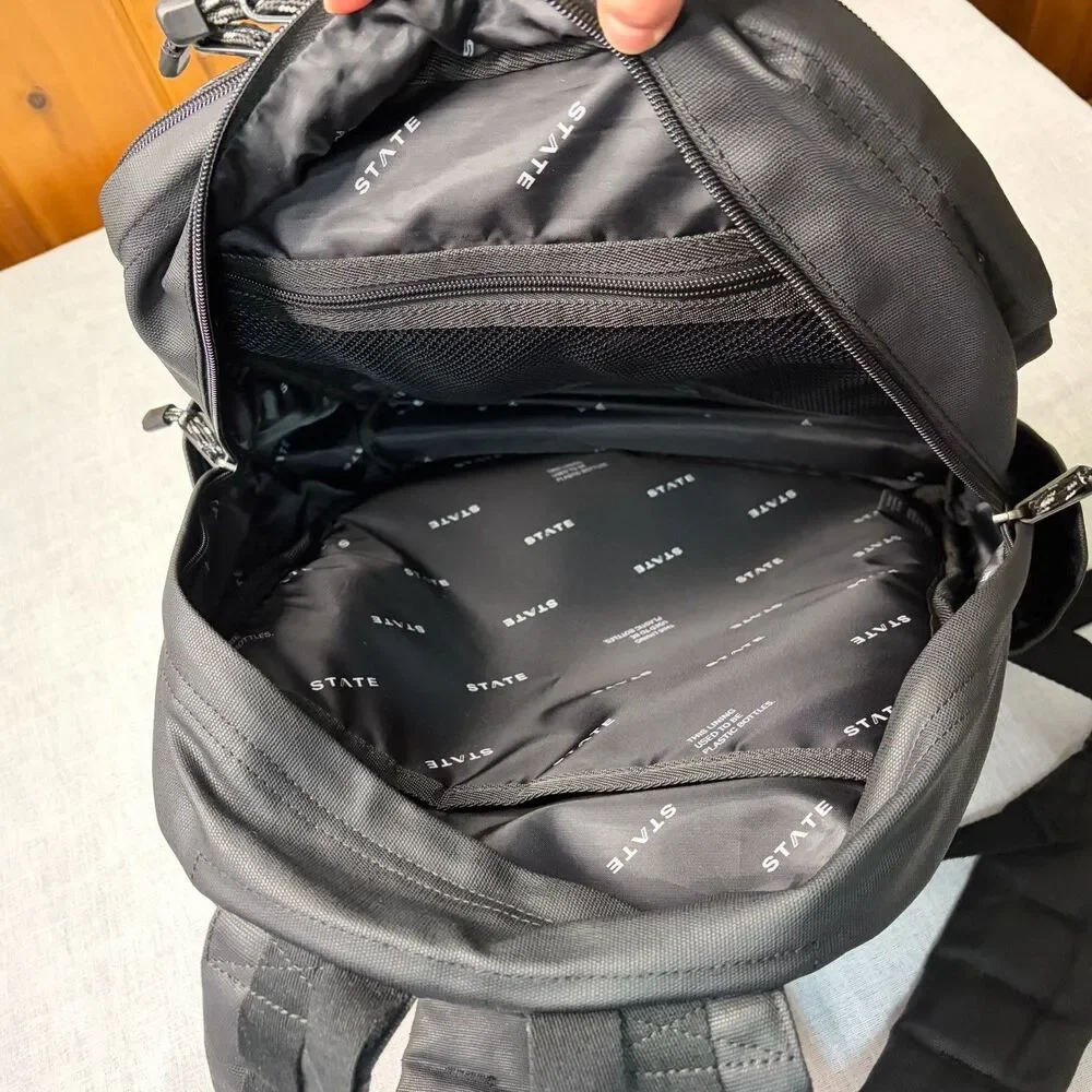 STATE Black Brand Laptop Double Pocket Backpack Datadog Branding 16” x 14” EUC